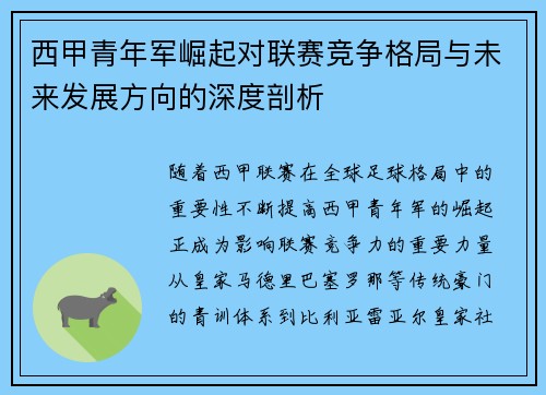 西甲青年军崛起对联赛竞争格局与未来发展方向的深度剖析