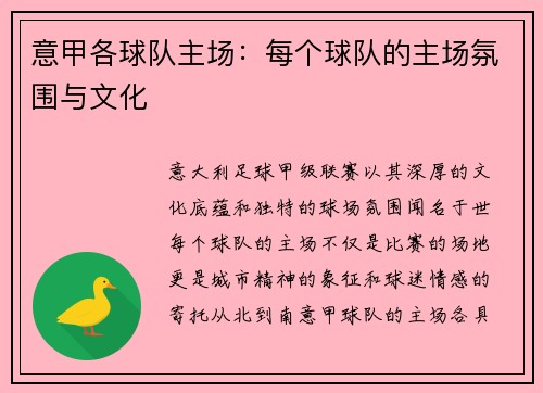 意甲各球队主场：每个球队的主场氛围与文化