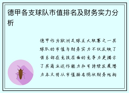 德甲各支球队市值排名及财务实力分析