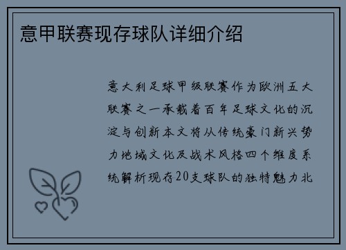意甲联赛现存球队详细介绍