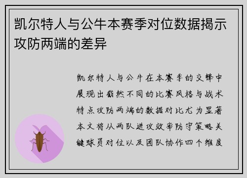 凯尔特人与公牛本赛季对位数据揭示攻防两端的差异